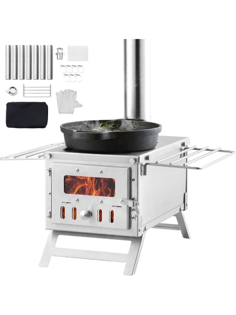 Portable Stainless Steel Camping Wood Stove with Chimney & Gloves - Outdoor